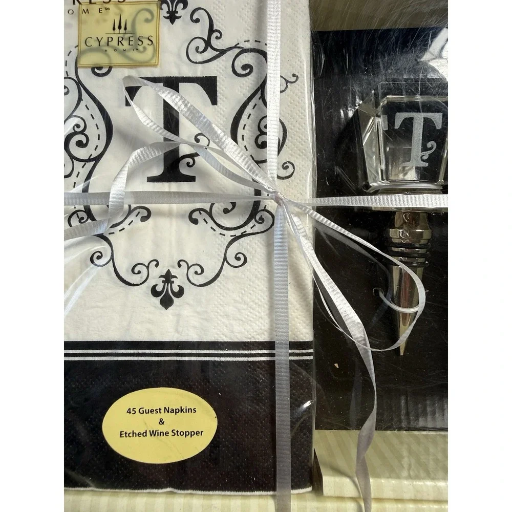 Cypress Home Monogram T Etched Wine Stopper & 45 Guest Napkins Gift Box ZBP18171